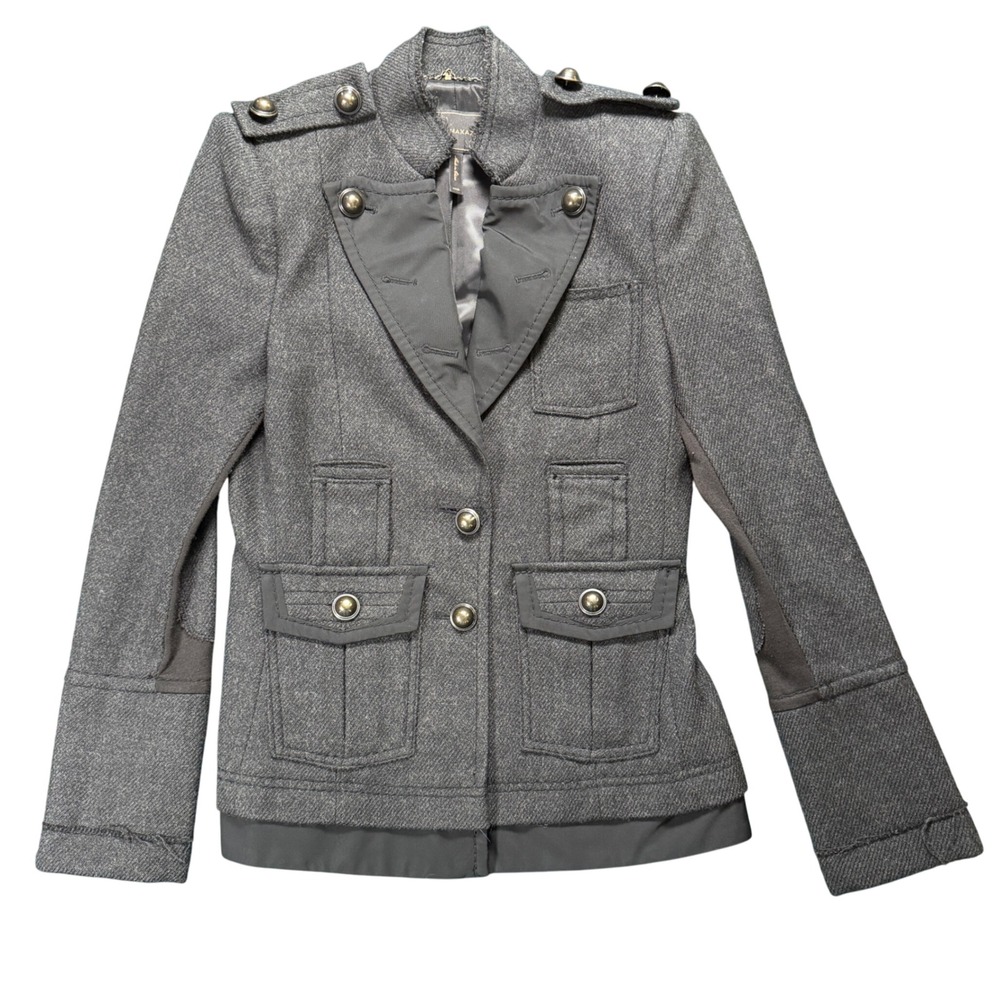 BCBGMAXAZRIA‎ Military Wool Blazer Jacket Gray Bronze Buttons XXS Structured